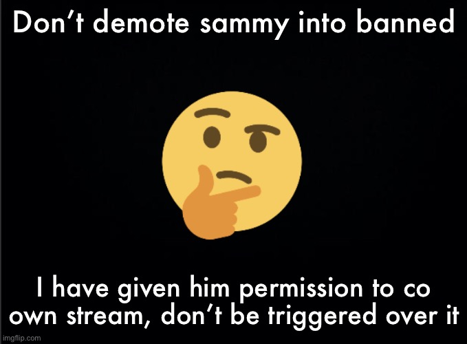 I’m gonna demote every owner who demotes sammy, no exceptions. | Don’t demote sammy into banned; I have given him permission to co own stream, don’t be triggered over it | image tagged in thinking emoji | made w/ Imgflip meme maker