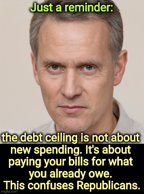 Just a reminder:; the debt ceiling is not about 
new spending. It's about 
paying your bills for what 
you already owe. 
This confuses Republicans. | image tagged in national debt,pay,bills,republicans,confused | made w/ Imgflip meme maker