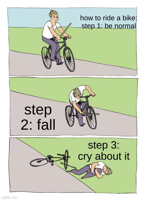 Bike Fall | how to ride a bike:

step 1: be normal; step 2: fall; step 3: cry about it | image tagged in memes,bike fall | made w/ Imgflip meme maker