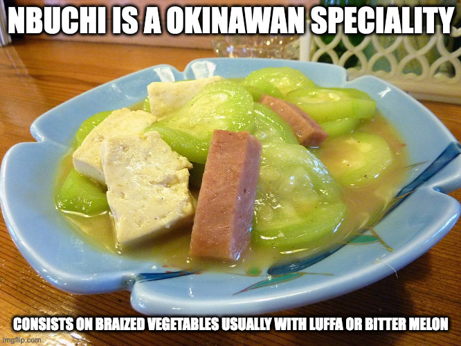 Nbuchi | NBUCHI IS A OKINAWAN SPECIALITY; CONSISTS ON BRAIZED VEGETABLES USUALLY WITH LUFFA OR BITTER MELON | image tagged in food,memes | made w/ Imgflip meme maker