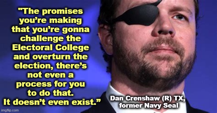 "The promises 
you’re making 
that you’re gonna 
challenge the 
Electoral College 
and overturn the 
election, there’s 
not even a 
process for you 
to do that. 
It doesn’t even exist.”; Dan Crenshaw (R) TX, 
former Navy Seal | image tagged in impeachment,electoral college,election,fantasy | made w/ Imgflip meme maker