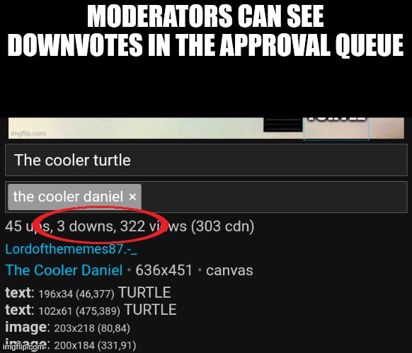 MODERATORS CAN SEE DOWNVOTES IN THE APPROVAL QUEUE | made w/ Imgflip meme maker
