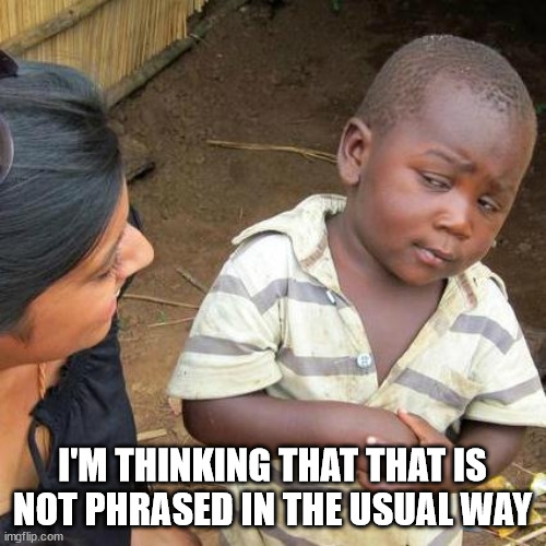 Third World Skeptical Kid Meme | I'M THINKING THAT THAT IS NOT PHRASED IN THE USUAL WAY | image tagged in memes,third world skeptical kid | made w/ Imgflip meme maker