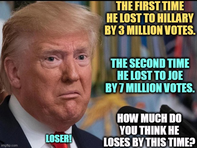 LOSER! | THE FIRST TIME HE LOST TO HILLARY BY 3 MILLION VOTES. THE SECOND TIME HE LOST TO JOE BY 7 MILLION VOTES. HOW MUCH DO YOU THINK HE LOSES BY THIS TIME? LOSER! | image tagged in donald trump - dilated eyes,trump,big,loser | made w/ Imgflip meme maker