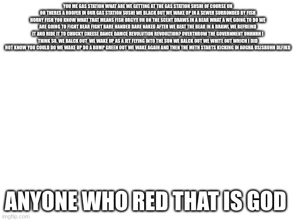 read it, you cant | YOU ME GAS STATION WHAT ARE WE GETTING AT THE GAS STATION SUSHI OF COURSE UH OH THERES A ROOFER IN OUR GAS STATION SUSHI WE BLACK OUT WE WAKE UP IN A SEWER SURRONDED BY FISH HORNY FISH YOU KNOW WHAT THAT MEANS FISH ORGY!! UH OH THE SCENT DRAWS IN A BEAR WHAT A WE GOING TO DO WE ARE GOING TO FIGHT BEAR FIGHT BARE HANDED BARE NAKED AFTER WE BEAT THE BEAR IN A BRAWL WE BEFREIND IT AND RIDE IT TO CHUCKY CHEESE DANCE DAMCE REVOLUTION REVOULTION? OVERTHROW THE GOVERNMENT UHHHHH I THINK SO. WE BALCK OUT  WE WAKE UP AS A JET FLYING INTO THE SUN WE BALCK OUT WE WHITE OUT WHICH I DID NOT KNOW YOU COULD DO WE WAKE UP DO A BUMP GREEN OUT WE WAKE AGAIN AND THEN THE METH STARTS KICKING IN AUGHA USJSBUHH DLFJKD; ANYONE WHO RED THAT IS GOD | image tagged in blank white template | made w/ Imgflip meme maker