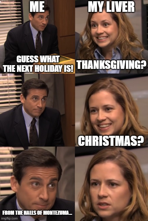 From the Halls of Montezuma... | ME; MY LIVER; GUESS WHAT THE NEXT HOLIDAY IS! THANKSGIVING? CHRISTMAS? FROM THE HALLS OF MONTEZUMA... | image tagged in pam beasley 6 panel,usmc | made w/ Imgflip meme maker