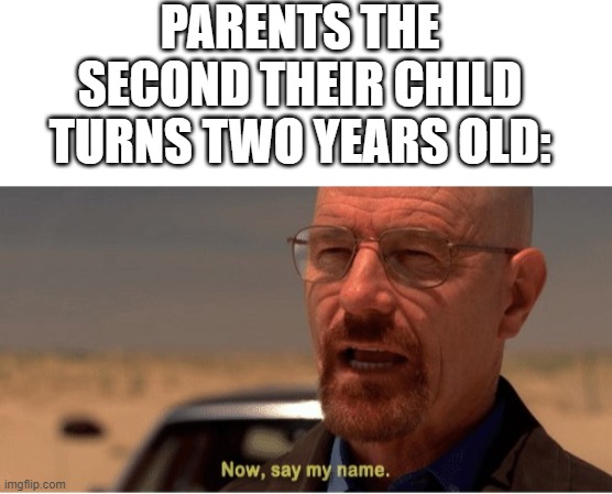 high expectations | PARENTS THE SECOND THEIR CHILD TURNS TWO YEARS OLD: | image tagged in blank white template,now say my name,breaking bad,funny,funny memes,memes | made w/ Imgflip meme maker