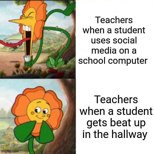 sChOoL cOmPuTeRs ArE fOr LeArNiNg OnLy | Teachers when a student uses social media on a school computer; Teachers when a student gets beat up in the hallway | image tagged in sunflower,bullying,social media,high school,teachers | made w/ Imgflip meme maker