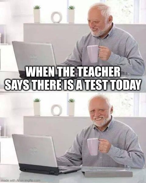 AI MADE A GOOD MEME?!??!?!/11 | WHEN THE TEACHER SAYS THERE IS A TEST TODAY | image tagged in memes,hide the pain harold | made w/ Imgflip meme maker