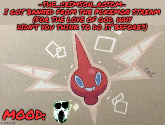 it really took you that long? | -THE_CRIMSON_ROTOM-
I GOT BANNED FROM THE POKEMON STREAM (FOR THE LOVE OF GOD, WHY DIDN'T YOU THINK TO DO IT BEFORE?); MOOD: | made w/ Imgflip meme maker