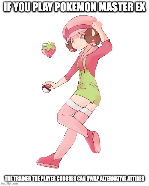 Strawberry-Themed Lyra | IF YOU PLAY POKEMON MASTER EX; THE TRAINER THE PLAYER CHOOSES CAN SWAP ALTERNATIVE ATTIRES | image tagged in pokemon,lyra,gaming,memes | made w/ Imgflip meme maker