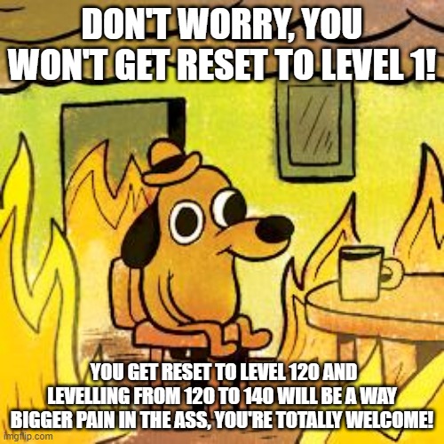 Dog in burning house | DON'T WORRY, YOU WON'T GET RESET TO LEVEL 1! YOU GET RESET TO LEVEL 120 AND LEVELLING FROM 12O TO 140 WILL BE A WAY BIGGER PAIN IN THE ASS, YOU'RE TOTALLY WELCOME! | image tagged in dog in burning house | made w/ Imgflip meme maker