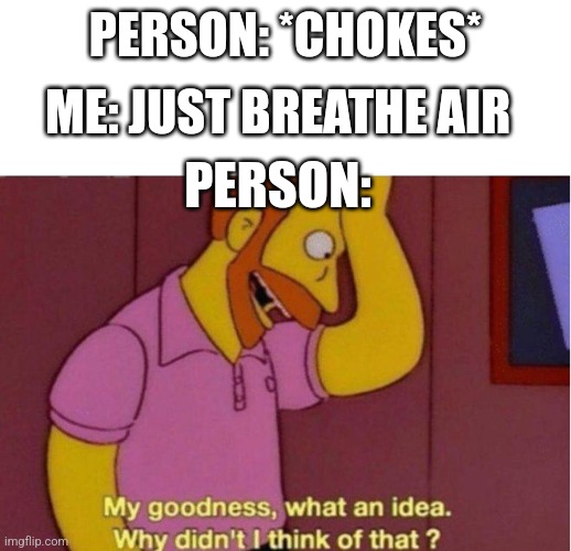jUsT bReAtHe AiR gUyS | ME: JUST BREATHE AIR; PERSON: *CHOKES*; PERSON: | image tagged in my goodness what an idea why didnt i think of that | made w/ Imgflip meme maker