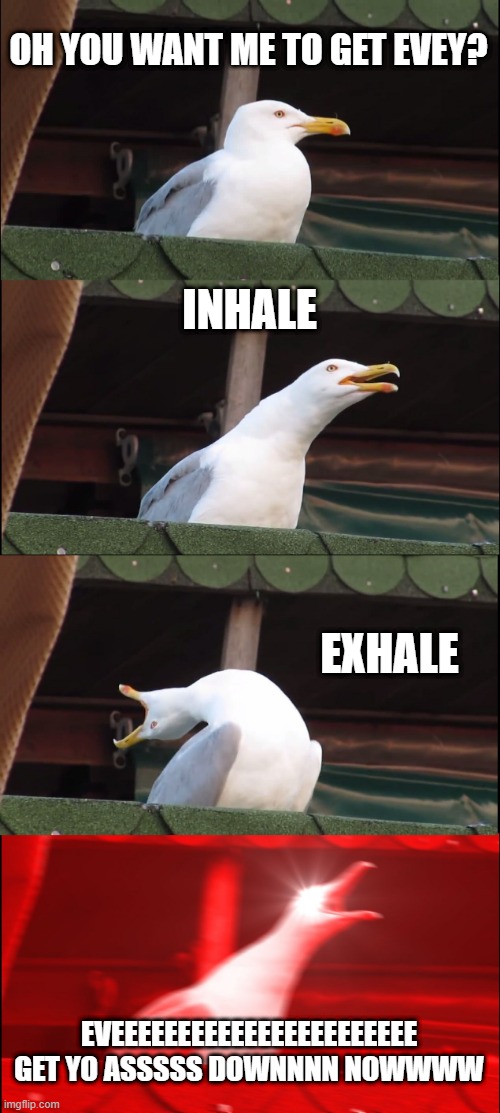 Inhaling Seagull Meme | OH YOU WANT ME TO GET EVEY? INHALE; EXHALE; EVEEEEEEEEEEEEEEEEEEEEEEE GET YO ASSSSS DOWNNNN NOWWWW | image tagged in memes,inhaling seagull | made w/ Imgflip meme maker