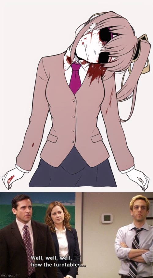 AI art is great | image tagged in how the turntables,memes,monika,natsuki,death,ai art | made w/ Imgflip meme maker