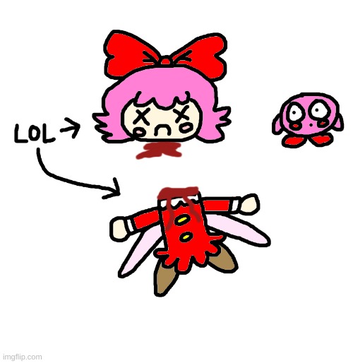 Ribbon gets decapitated and Kirby is terrified | image tagged in kirby,fanart,funny,cute,gore,blood | made w/ Imgflip meme maker