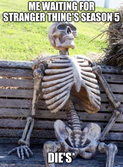 Waiting Skeleton Meme | ME WAITING FOR STRANGER THING'S SEASON 5; DIE'S* | image tagged in memes,waiting skeleton | made w/ Imgflip meme maker