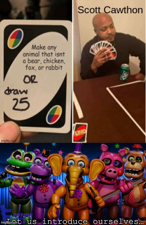 Credits to Dragonflame for making the top meme. ‘Tis but a joke so don’t take it to heart please! | Let us introduce ourselves… | image tagged in mediocre melodies,fnaf,pizza | made w/ Imgflip meme maker