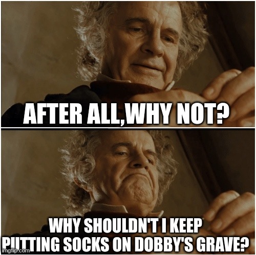 Bilbo - Why shouldn’t I keep it? | AFTER ALL,WHY NOT? WHY SHOULDN'T I KEEP PUTTING SOCKS ON DOBBY'S GRAVE? | image tagged in bilbo - why shouldn t i keep it | made w/ Imgflip meme maker