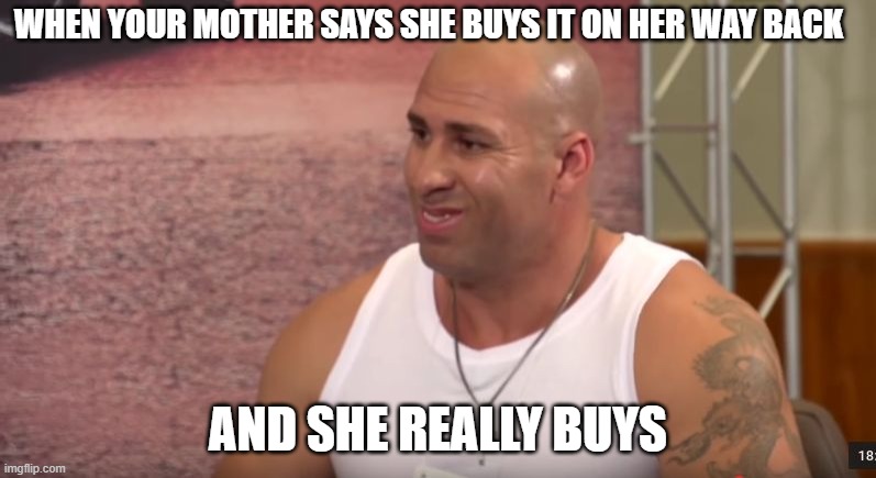 a dream | WHEN YOUR MOTHER SAYS SHE BUYS IT ON HER WAY BACK; AND SHE REALLY BUYS | image tagged in vin diesel brasil | made w/ Imgflip meme maker