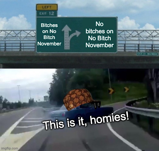 Left Exit 12 Off Ramp | Bitches on No Bitch November; No bitches on No Bitch November; This is it, homies! | image tagged in memes,left exit 12 off ramp | made w/ Imgflip meme maker