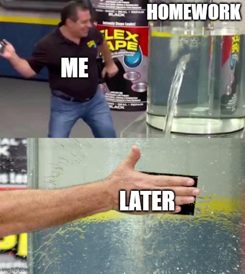 Flex Tape | HOMEWORK; ME; LATER | image tagged in flex tape | made w/ Imgflip meme maker