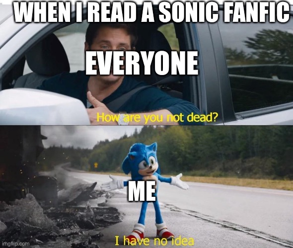 WHATEVER YOU DO DONT READ A SONIC FANFIC | WHEN I READ A SONIC FANFIC; EVERYONE; ME | image tagged in sonic how are you not dead | made w/ Imgflip meme maker