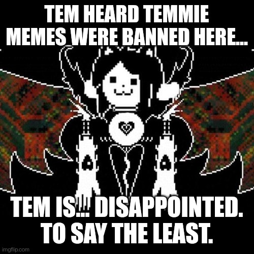 But tem will follow rules. (After this) *Temmie memes begin fading away* | TEM HEARD TEMMIE MEMES WERE BANNED HERE... TEM IS... DISAPPOINTED. TO SAY THE LEAST. | image tagged in temmy dreamur | made w/ Imgflip meme maker