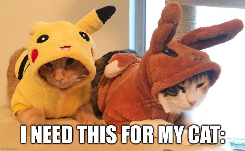 Cat costumes | I NEED THIS FOR MY CAT: | image tagged in cats,eevee,pikachu | made w/ Imgflip meme maker