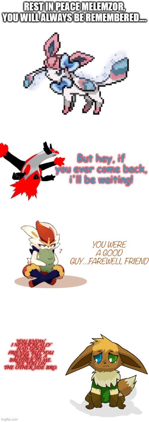 and i mean it | YOU KNOW, I NEVER REALLY HAD GOOD FRIENDS. BUT YOU WERE LIKE A BROTHER TO ME. SEE YOU ON THE OTHER SIDE BRO. | image tagged in sad leevee | made w/ Imgflip meme maker