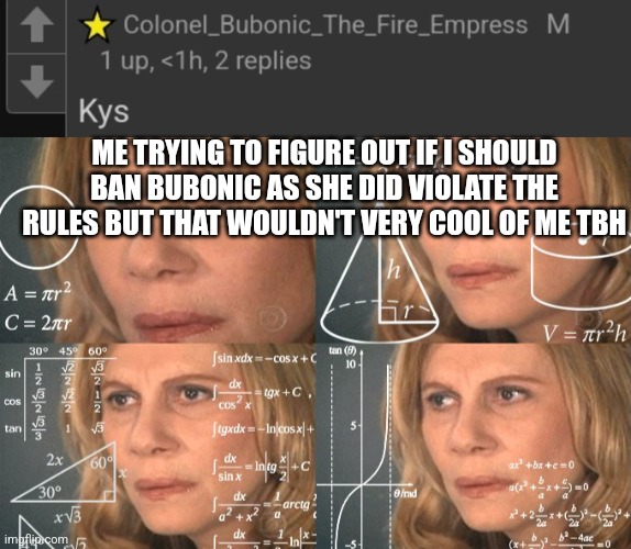 ME TRYING TO FIGURE OUT IF I SHOULD BAN BUBONIC AS SHE DID VIOLATE THE RULES BUT THAT WOULDN'T VERY COOL OF ME TBH | image tagged in calculating meme | made w/ Imgflip meme maker