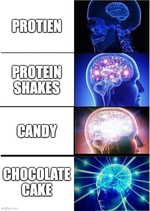 Expanding Brain Meme | PROTIEN; PROTEIN SHAKES; CANDY; CHOCOLATE CAKE | image tagged in memes,expanding brain | made w/ Imgflip meme maker