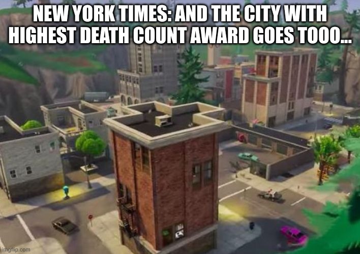 title | NEW YORK TIMES: AND THE CITY WITH HIGHEST DEATH COUNT AWARD GOES TOOO... | image tagged in tilted towers,fortnite | made w/ Imgflip meme maker