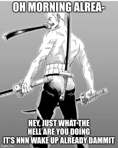 Zoro 4 Sword Style | OH MORNING ALREA- HEY, JUST WHAT THE HELL ARE YOU DOING
IT'S NNN WAKE UP ALREADY DAMMIT | image tagged in zoro 4 sword style | made w/ Imgflip meme maker