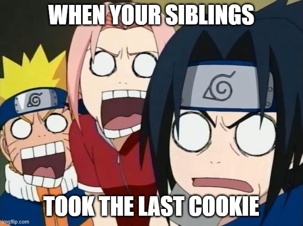 naruto gang | WHEN YOUR SIBLINGS; TOOK THE LAST COOKIE | image tagged in naruto gang | made w/ Imgflip meme maker