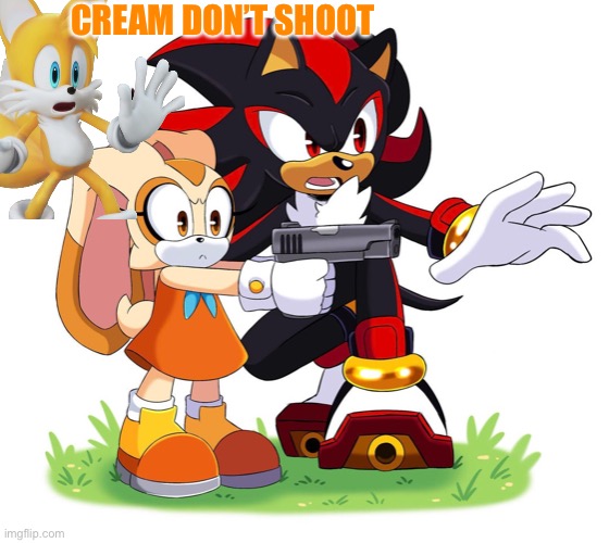 Cream the Rabbit gun | CREAM DON’T SHOOT | image tagged in cream the rabbit gun,sonic the hedgehog,shadow the hedgehog,tails the fox | made w/ Imgflip meme maker