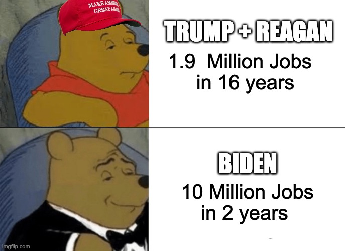 Shoulda added lasers in his eyes. | TRUMP + REAGAN; 1.9  Million Jobs  
in 16 years; BIDEN; 10 Million Jobs
in 2 years | image tagged in memes,tuxedo winnie the pooh,maga,reality check | made w/ Imgflip meme maker