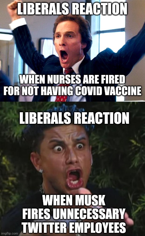 Double standards? Ever wonder what that means? |  LIBERALS REACTION; WHEN NURSES ARE FIRED FOR NOT HAVING COVID VACCINE; LIBERALS REACTION; WHEN MUSK FIRES UNNECESSARY TWITTER EMPLOYEES | image tagged in liberals,twitter,antivax,jobs,unemployment,double standards | made w/ Imgflip meme maker