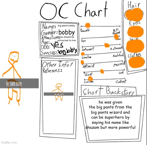 @cooper | big pants bobby; bobby; you should be attracted to him; he was given the big pants from the big pants wizard and can be superhero by saying his name like shazam but more powerful | image tagged in cooper s oc chart | made w/ Imgflip meme maker