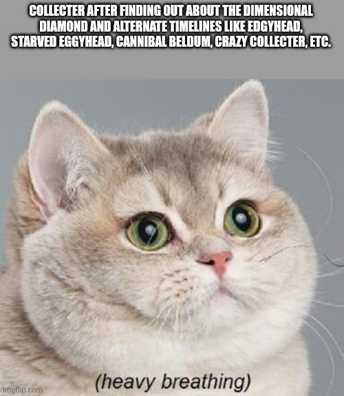 Thank goodness they're a 1/1000 chance | COLLECTER AFTER FINDING OUT ABOUT THE DIMENSIONAL DIAMOND AND ALTERNATE TIMELINES LIKE EDGYHEAD, STARVED EGGYHEAD, CANNIBAL BELDUM, CRAZY COLLECTER, ETC. | image tagged in memes,heavy breathing cat | made w/ Imgflip meme maker