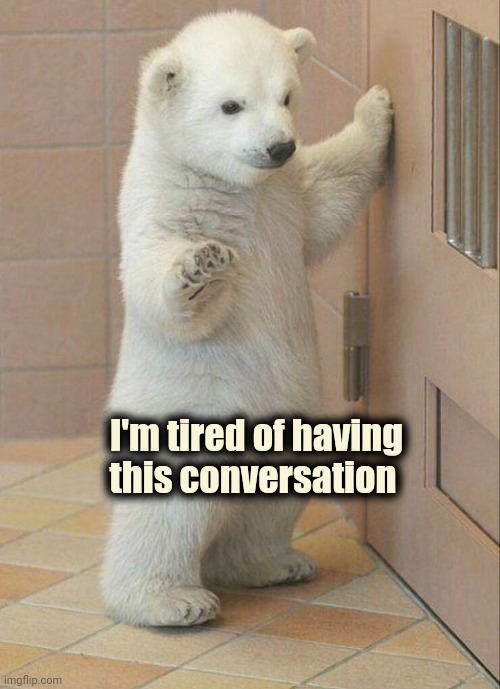 Not now Bear | I'm tired of having this conversation | image tagged in not now bear | made w/ Imgflip meme maker