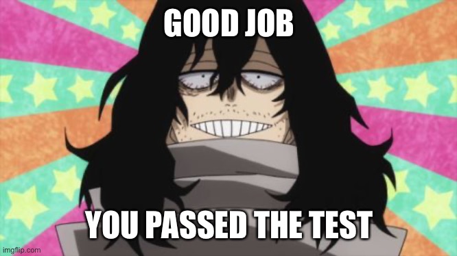 Happy Aizawa | GOOD JOB; YOU PASSED THE TEST | image tagged in happy aizawa | made w/ Imgflip meme maker