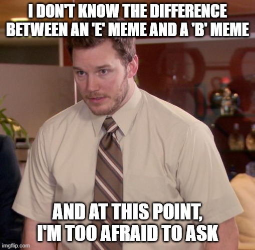 Afraid To Ask Andy Meme | I DON'T KNOW THE DIFFERENCE BETWEEN AN 'E' MEME AND A 'B' MEME; AND AT THIS POINT, I'M TOO AFRAID TO ASK | image tagged in memes,afraid to ask andy,memes | made w/ Imgflip meme maker