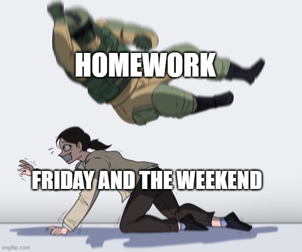 Good luck... | HOMEWORK; FRIDAY AND THE WEEKEND | image tagged in rainbow six - fuze the hostage | made w/ Imgflip meme maker