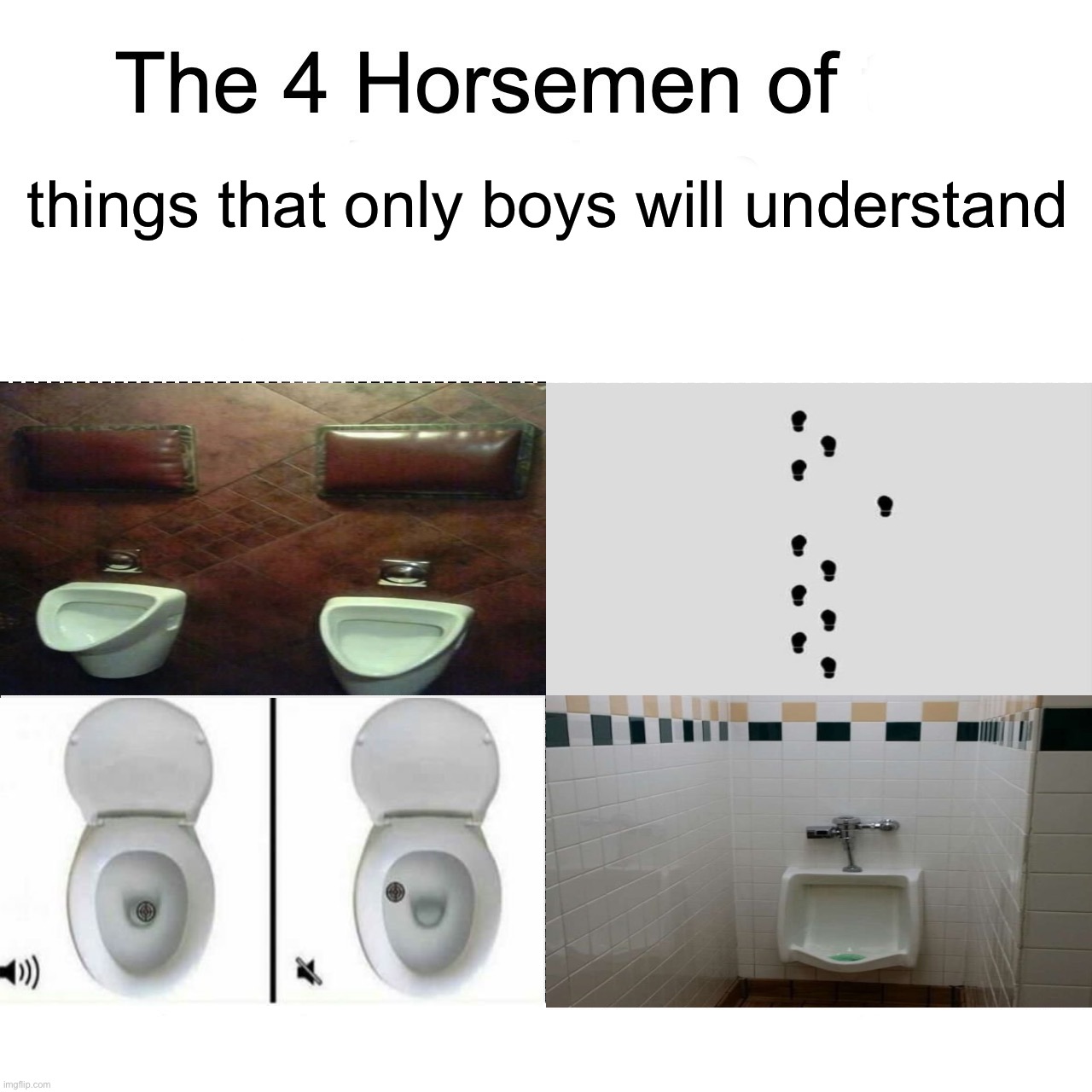 Any guy who doesn’t understand at least one of these is uncultured |  things that only boys will understand | image tagged in four horsemen,memes,funny,toilet,so true,relatable memes | made w/ Imgflip meme maker