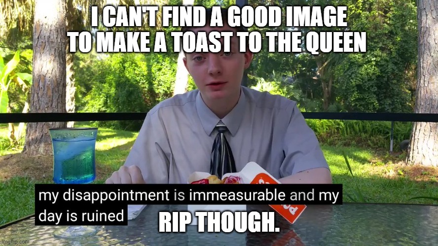 My Disappointment Is Immeasurable | I CAN'T FIND A GOOD IMAGE TO MAKE A TOAST TO THE QUEEN RIP THOUGH. | image tagged in my disappointment is immeasurable | made w/ Imgflip meme maker