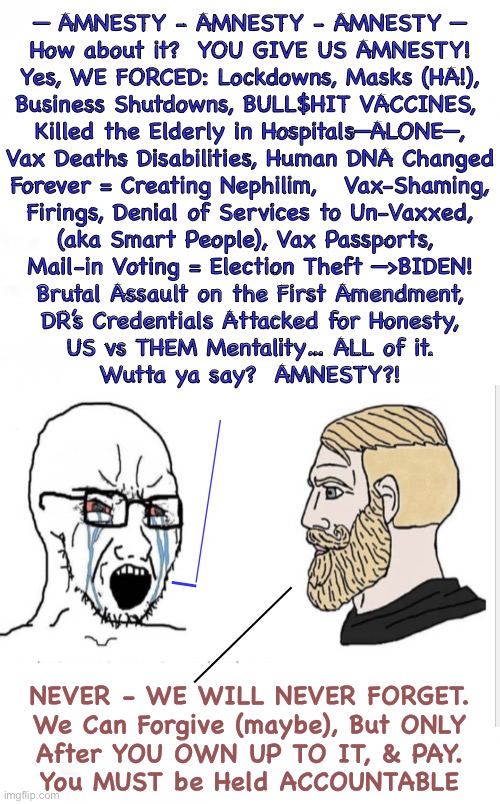 ——>  A M N E S T Y <——  ••• YAY! ••• | — AMNESTY - AMNESTY - AMNESTY —
How about it?  YOU GIVE US AMNESTY!
Yes, WE FORCED: Lockdowns, Masks (HA!),
Business Shutdowns, BULL$HIT VACCINES, 
Killed the Elderly in Hospitals—ALONE—,
Vax Deaths Disabilities, Human DNA Changed
Forever = Creating Nephilim,   Vax-Shaming,
Firings, Denial of Services to Un-Vaxxed,
(aka Smart People), Vax Passports, 
Mail-in Voting = Election Theft —>BIDEN!
Brutal Assault on the First Amendment,
DR’s Credentials Attacked for Honesty,
US vs THEM Mentality… ALL of it.
Wutta ya say?  AMNESTY?! |___________; ————————; NEVER - WE WILL NEVER FORGET.
We Can Forgive (maybe), But ONLY
After YOU OWN UP TO IT, & PAY.
You MUST be Held ACCOUNTABLE | image tagged in memes,amnesty,give us a break,we cant say youve been right the whole time,becauae we r punkbitches,but ya u were right | made w/ Imgflip meme maker