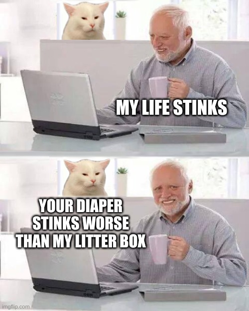 Hide The Smudge Harold |  MY LIFE STINKS; YOUR DIAPER STINKS WORSE THAN MY LITTER BOX | image tagged in hide the smudge harold,hide the pain harold,smudge the cat,diaper,smelly,litter box | made w/ Imgflip meme maker