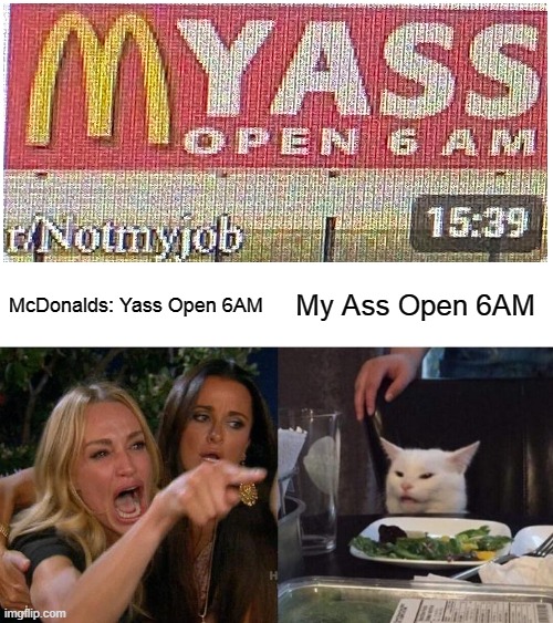 Bruhhh | McDonalds: Yass Open 6AM; My Ass Open 6AM | image tagged in memes,woman yelling at cat | made w/ Imgflip meme maker