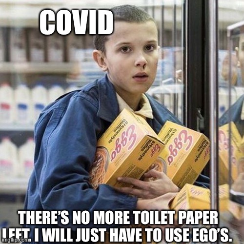 Mood | COVID; THERE’S NO MORE TOILET PAPER LEFT. I WILL JUST HAVE TO USE EGO’S. | image tagged in mood,stranger things,egos,covid,covid-19,coronavirus | made w/ Imgflip meme maker